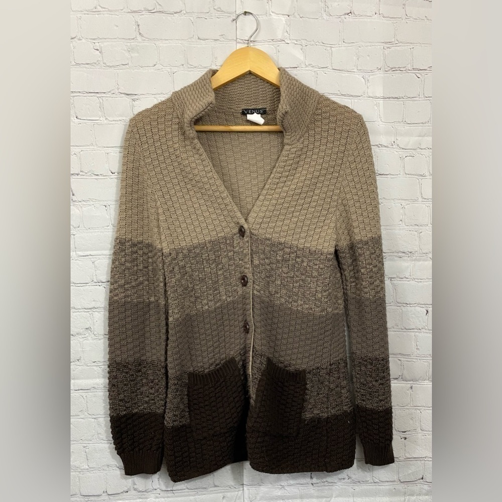 Venus Womens Size Small Brown Color block Button Front Knit Sweater